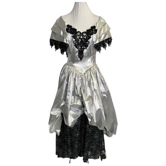 Vintage 1980s Silver Metallic Lamé and Black Lace Gown Small - Picture 1 of 4